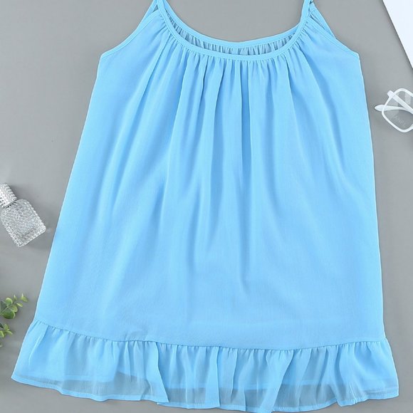 Light Blue Spaghetti Straps Pleated Ruffled Tank Top - Picture 7 of 13